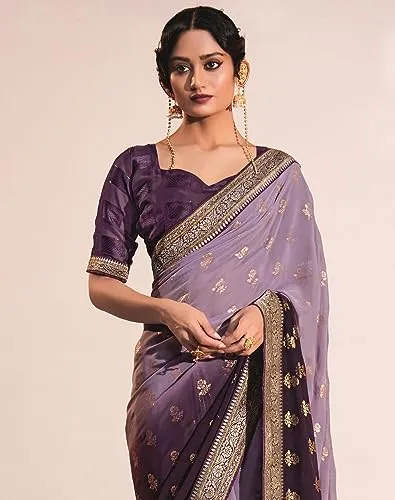 SIRIL Women's Lace & Foil Printed Georgette Saree with Unstitched Blouse Piece(2826S478_Wine, Light Purple)