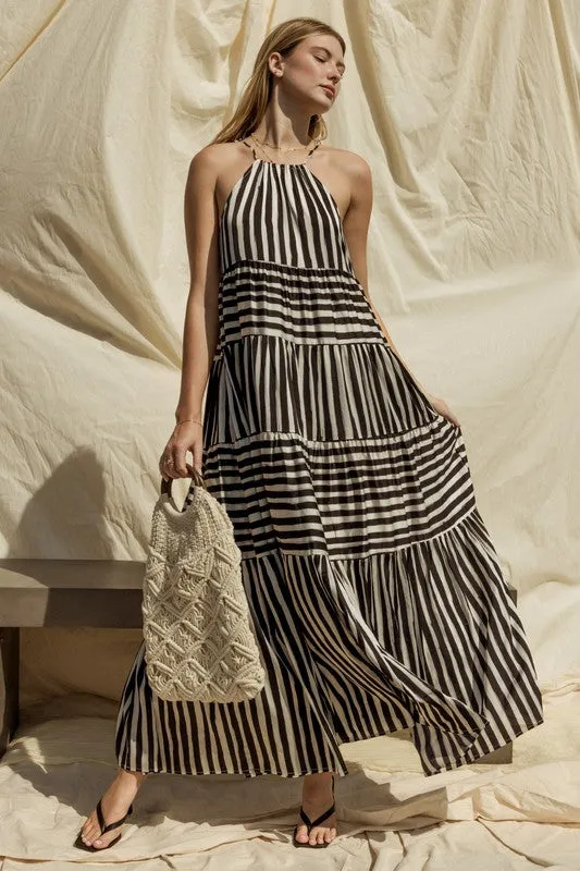 Sleeveless Stripe Maxi Tiered Dress