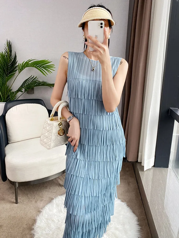 Spliced Tassel O-Neck Sleeveless Midi Dress