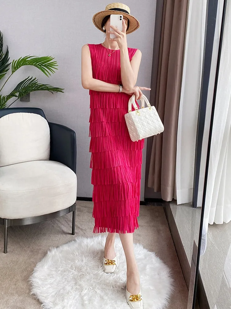 Spliced Tassel O-Neck Sleeveless Midi Dress