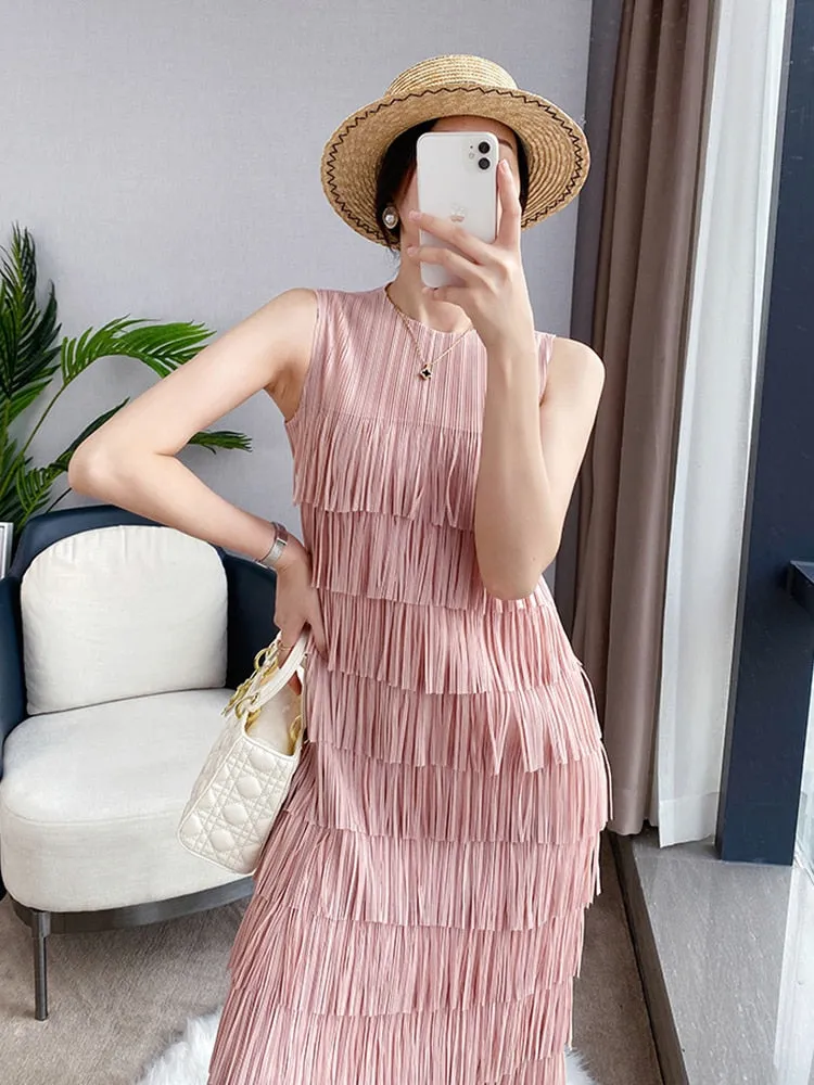 Spliced Tassel O-Neck Sleeveless Midi Dress