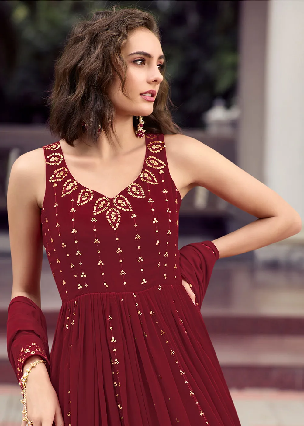 Stunning Maroon Georgette Thread & Sequins Wedding Party Gown