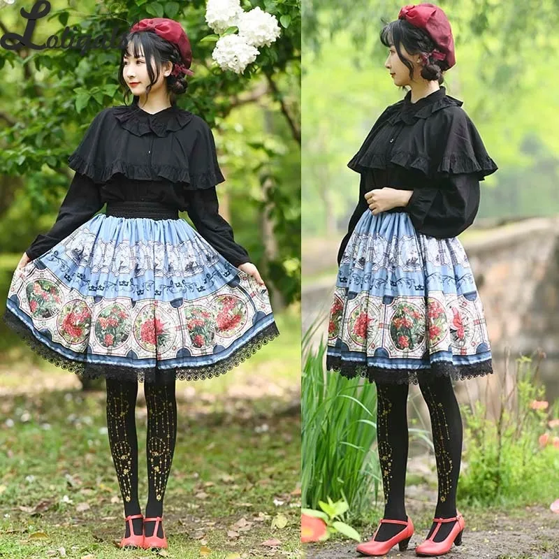 Sweet Floral Printed A line Skirt Mori Girl Short Skirt with Ruffles