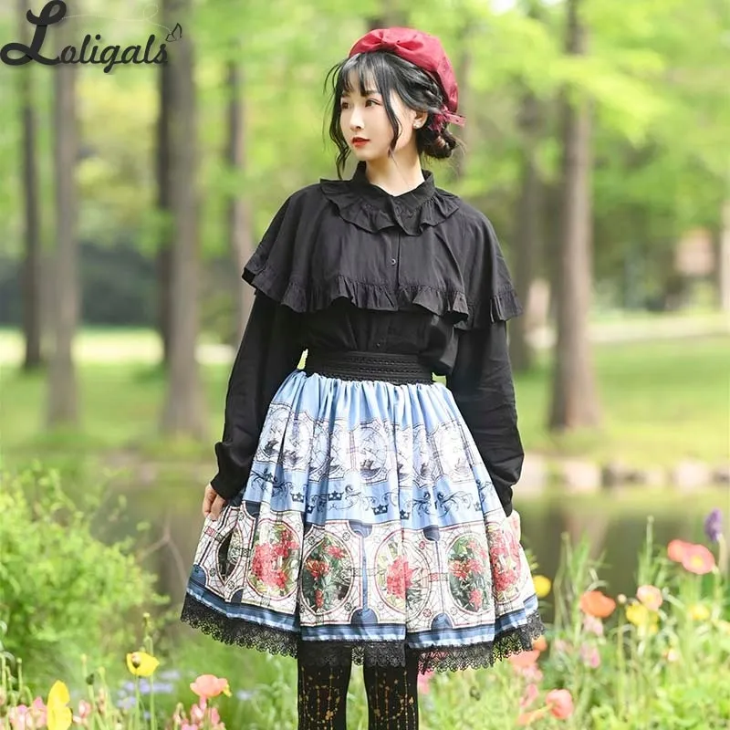 Sweet Floral Printed A line Skirt Mori Girl Short Skirt with Ruffles