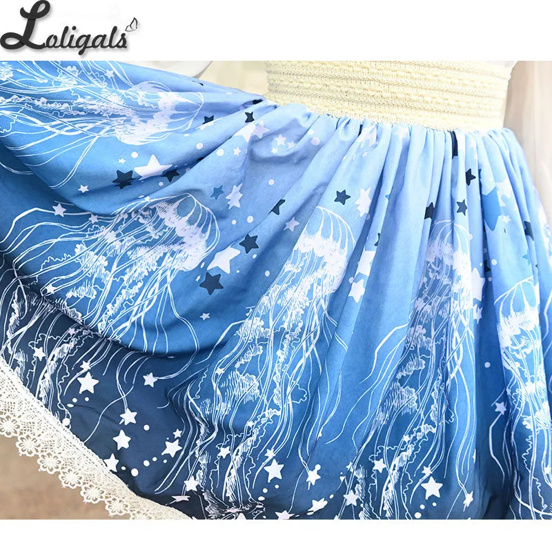 Sweet Jellyfish Printed Short Skirt Mori Girl A line Elastic Waist Skater Skirt for Women