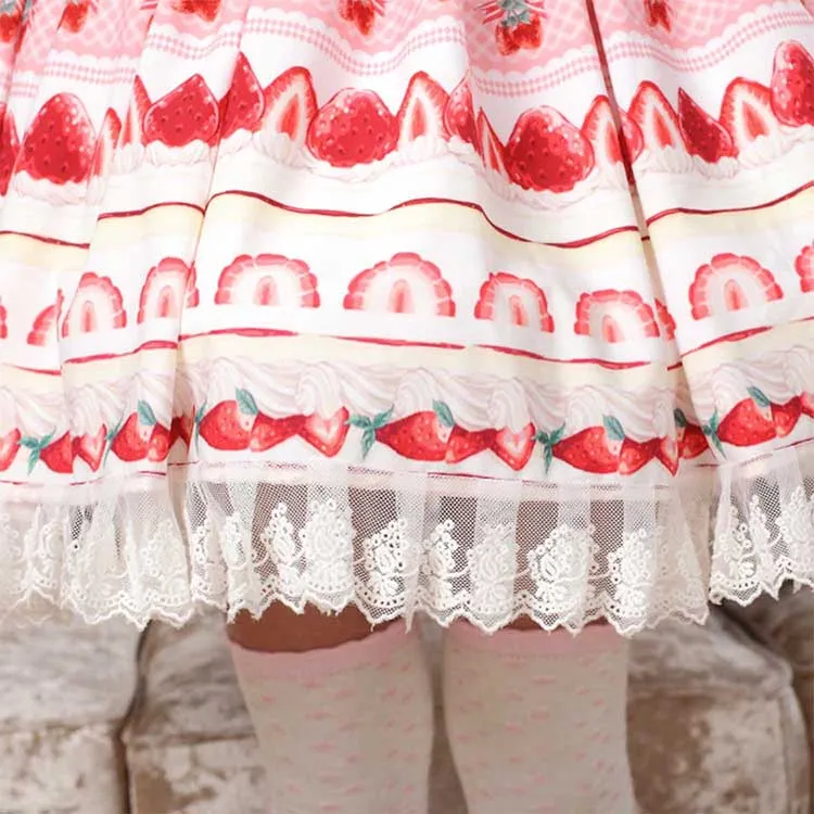 Sweet Pink Lolita Strawberry Printed Lace Pleated Knee Length Skirt for Girl