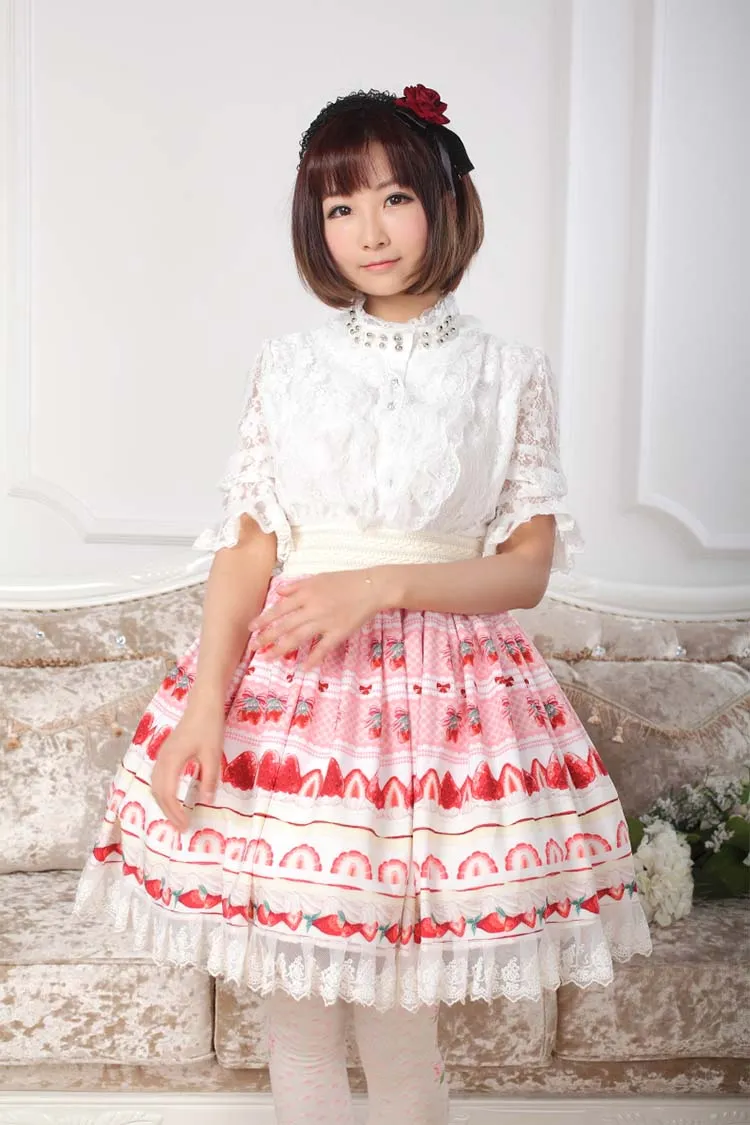 Sweet Pink Lolita Strawberry Printed Lace Pleated Knee Length Skirt for Girl