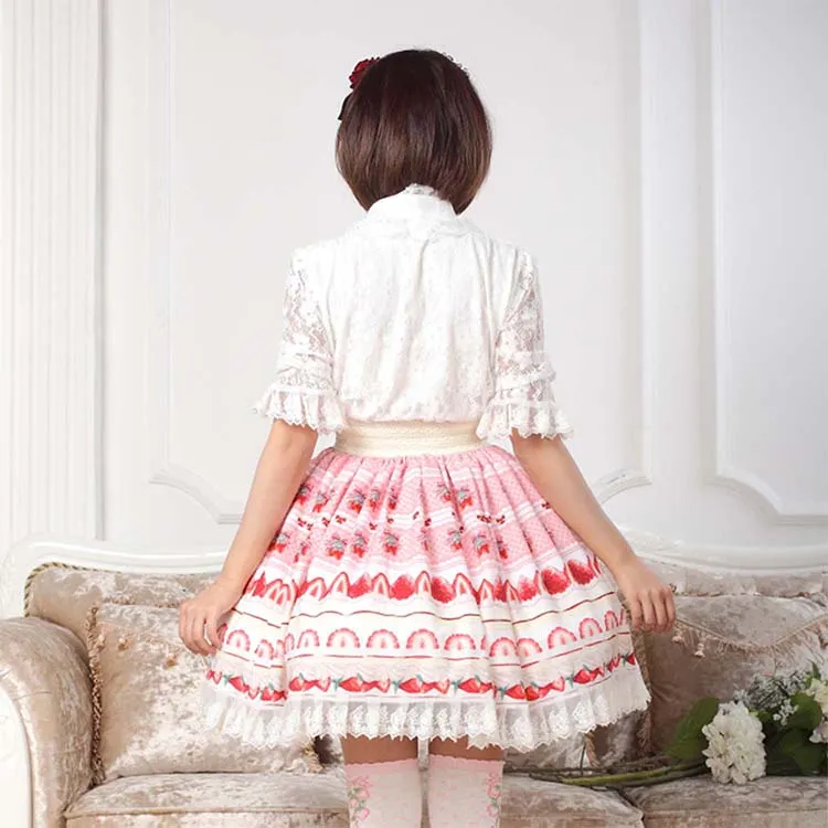 Sweet Pink Lolita Strawberry Printed Lace Pleated Knee Length Skirt for Girl