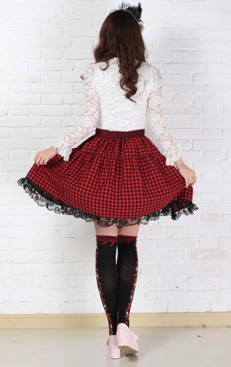 Sweet Red Short Harajuku Skirt Pleated Plaid A line Knee Length Skirt for Women