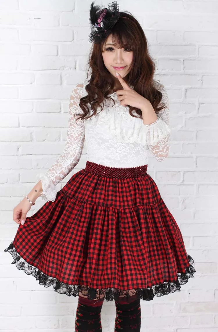 Sweet Red Short Harajuku Skirt Pleated Plaid A line Knee Length Skirt for Women