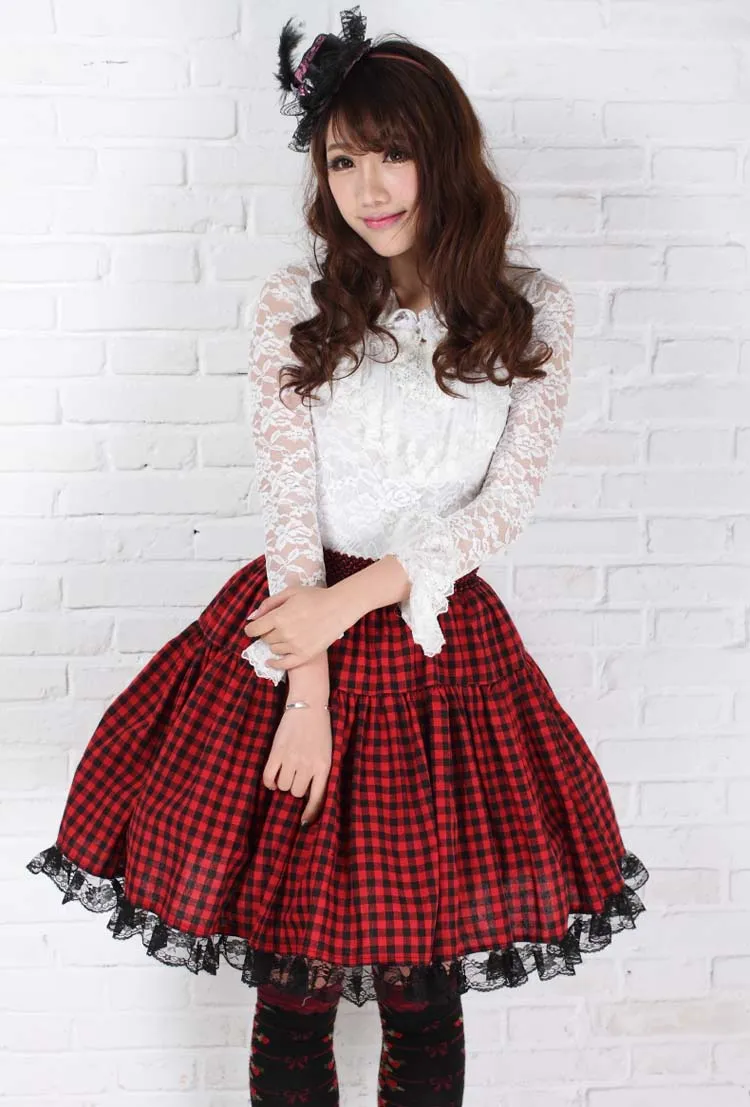 Sweet Red Short Harajuku Skirt Pleated Plaid A line Knee Length Skirt for Women