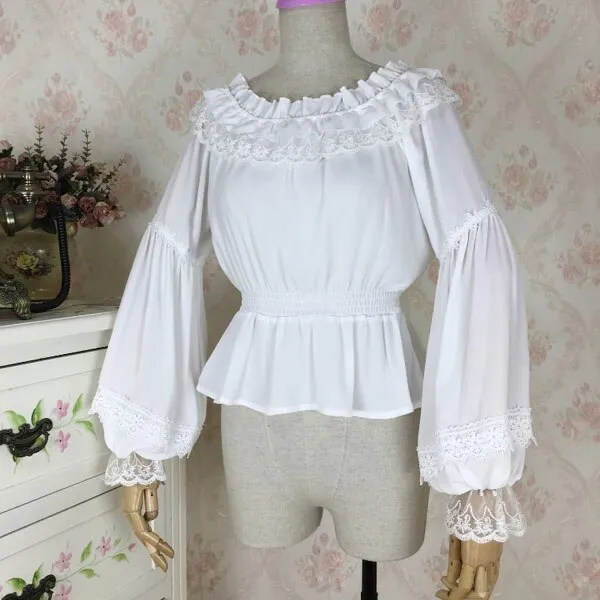 Sweet Women's Long Lantern Sleeve Chiffon Blouse Vintage Off the Shoulder Top