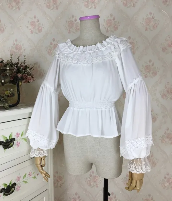 Sweet Women's Long Lantern Sleeve Chiffon Blouse Vintage Off the Shoulder Top