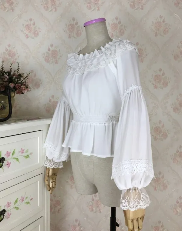 Sweet Women's Long Lantern Sleeve Chiffon Blouse Vintage Off the Shoulder Top