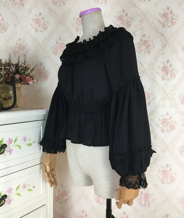 Sweet Women's Long Lantern Sleeve Chiffon Blouse Vintage Off the Shoulder Top