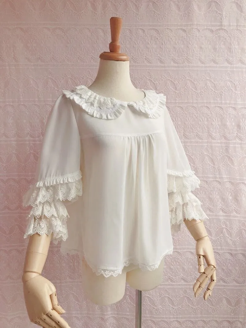 Sweet Women's Loose Chiffon Top Peter Pan Collar Lantern Sleeve Blouse