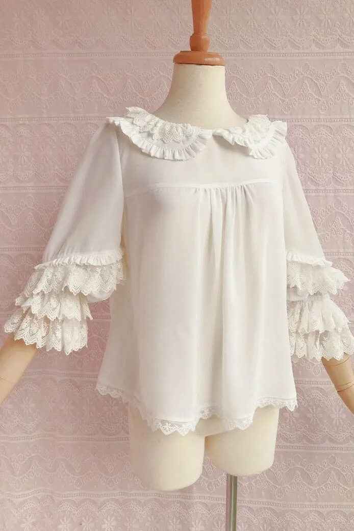 Sweet Women's Loose Chiffon Top Peter Pan Collar Lantern Sleeve Blouse