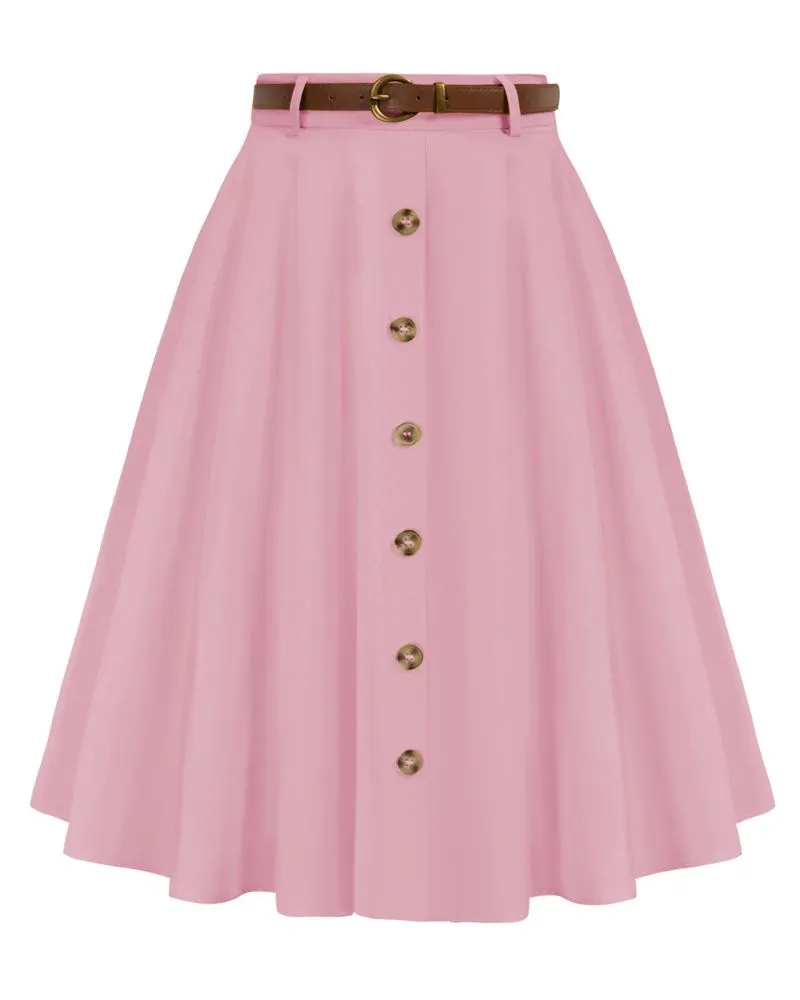 Swing Skirt with Belt Elastic High Waist Buttons Decorated Skirt