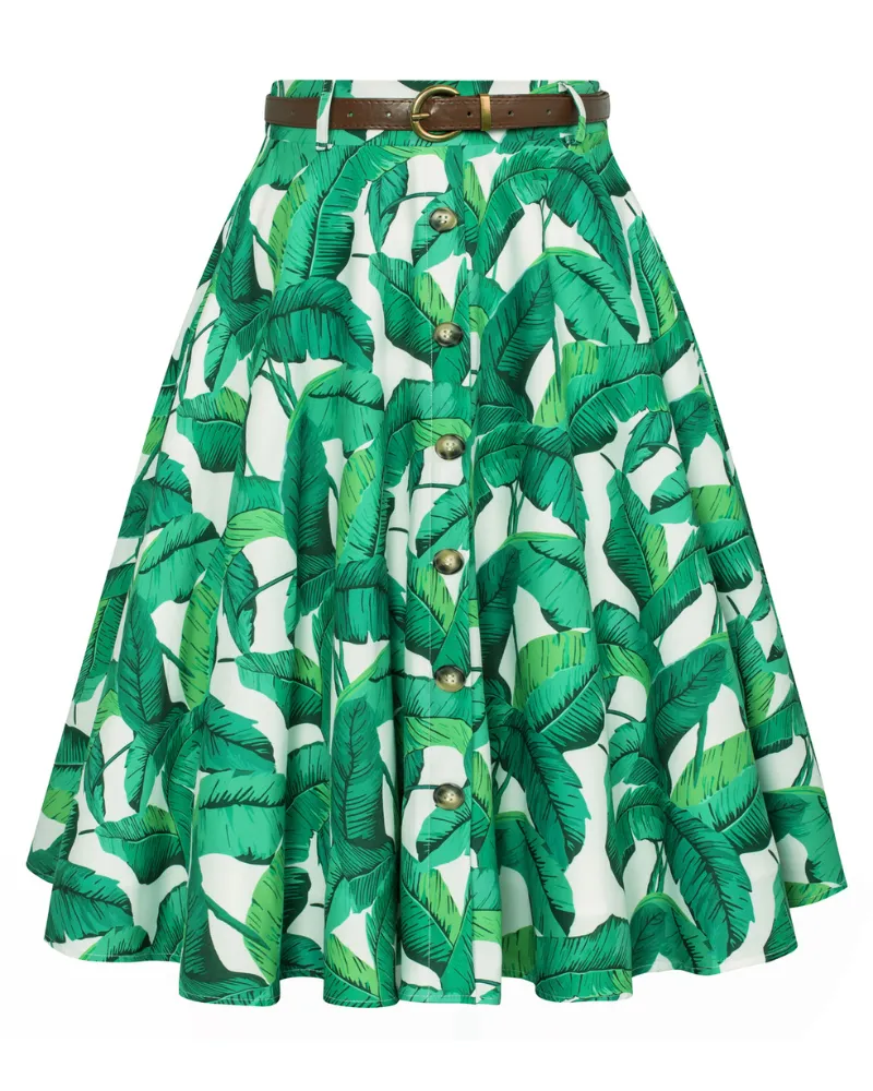 Swing Skirt with Belt Elastic High Waist Buttons Decorated Skirt