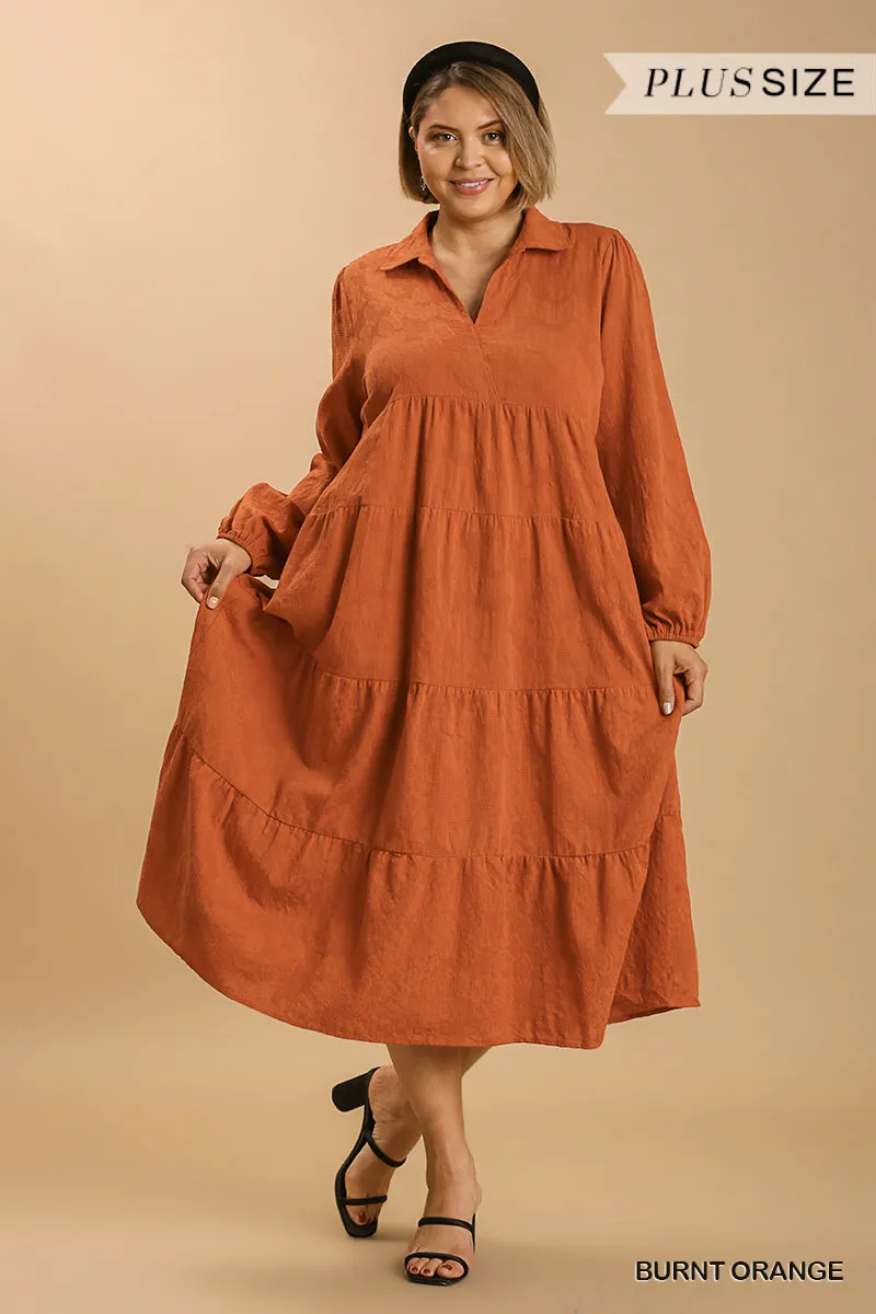 Textured Long Sleeve Collar Split Neck Tiered Maxi Dress Voluptuous ( ) Plus Size - Ships from The US