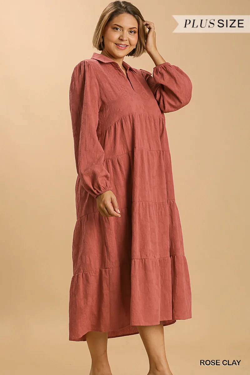 Textured Long Sleeve Collar Split Neck Tiered Maxi Dress Voluptuous ( ) Plus Size - Ships from The US