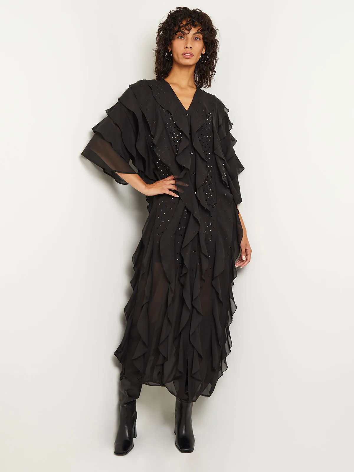 Tiered Ruffle Woven Chiffon Maxi Dress