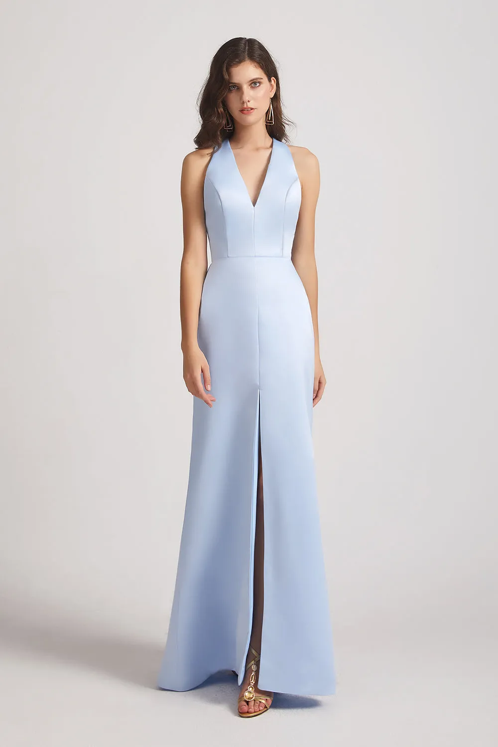 V-Neck Straps Blue Satin Front Slit Bridesmaid Dresses with Open Back (AF0168)