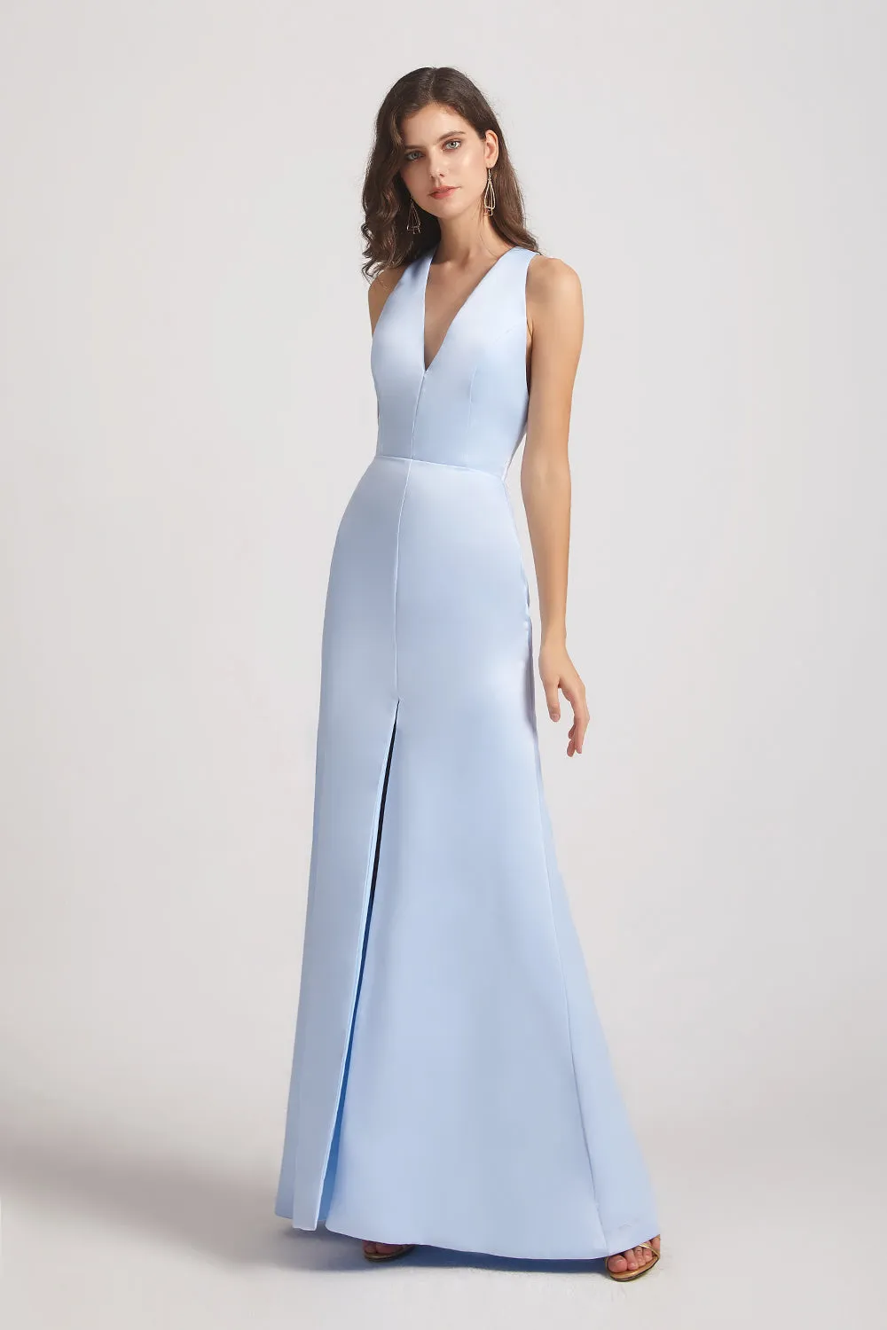 V-Neck Straps Blue Satin Front Slit Bridesmaid Dresses with Open Back (AF0168)