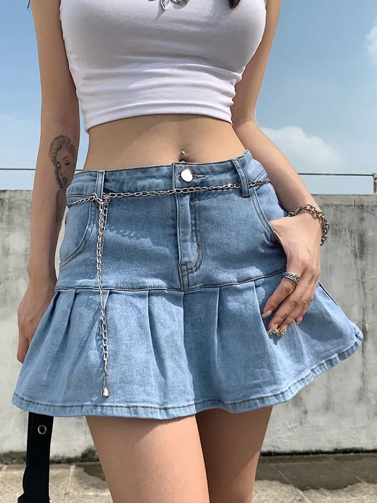 Vintage High Waist Pleated Denim Mini Skirt - Culture Heaven Special