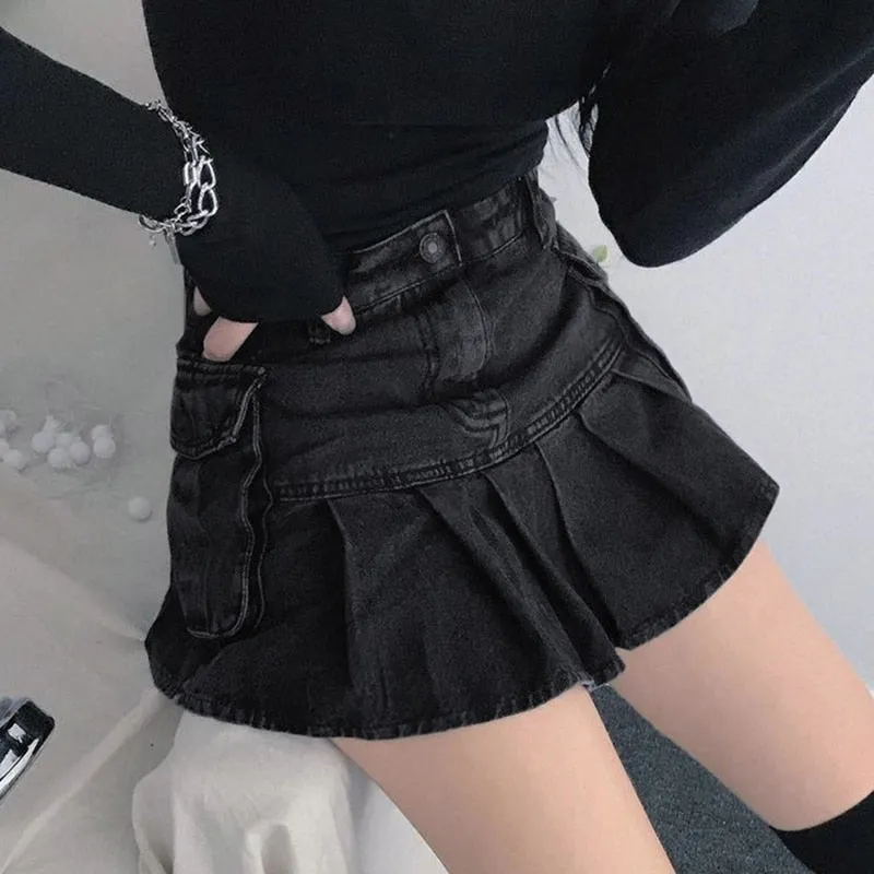 Vintage High Waist Pleated Denim Mini Skirt - Culture Heaven Special