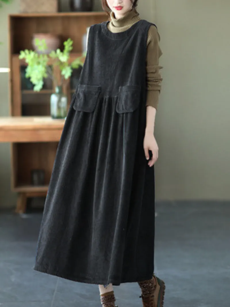 Women's Autumn Corduroy Vest Skirt Loose Sleeveless Strap A-Line Dress