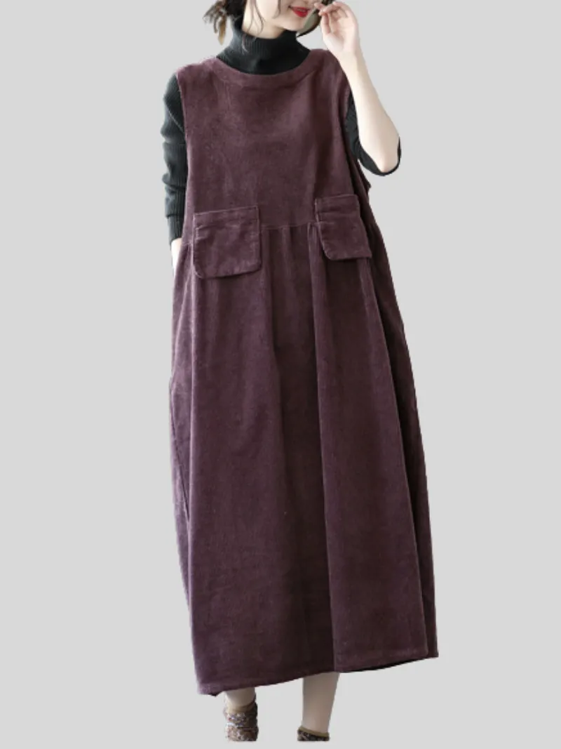 Women's Autumn Corduroy Vest Skirt Loose Sleeveless Strap A-Line Dress