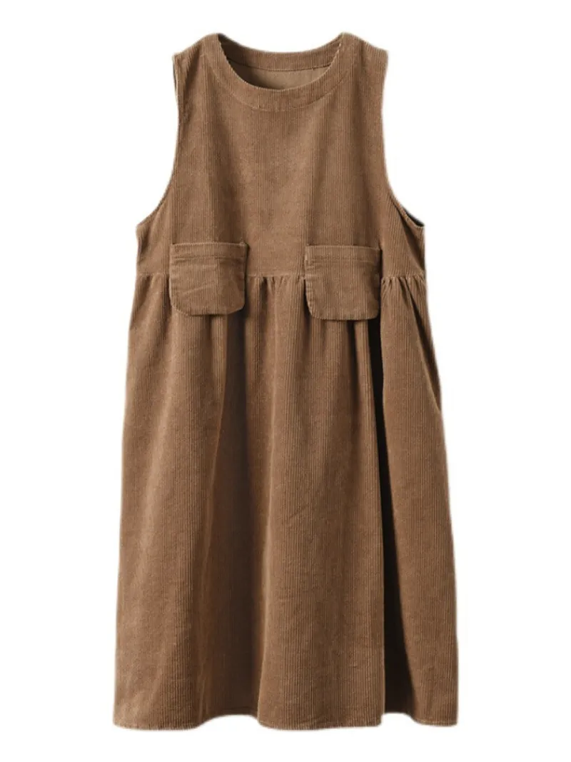 Women's Autumn Corduroy Vest Skirt Loose Sleeveless Strap A-Line Dress