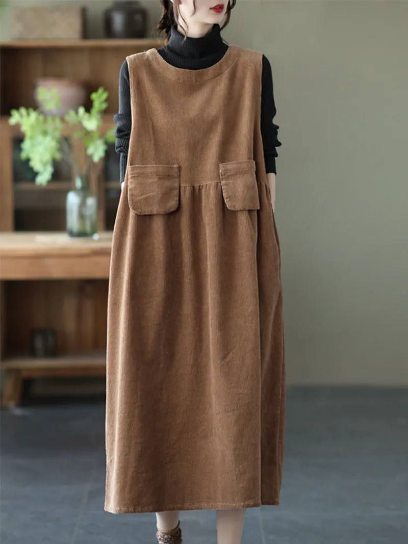 Women's Autumn Corduroy Vest Skirt Loose Sleeveless Strap A-Line Dress