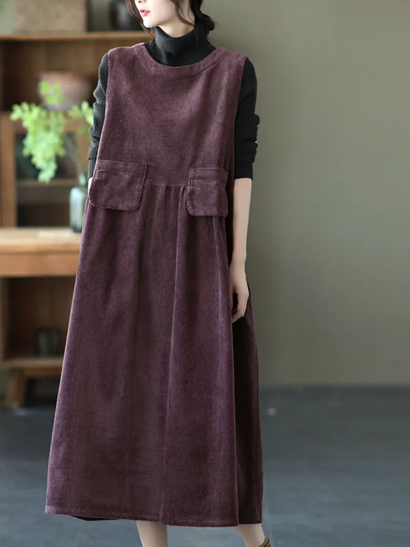 Women's Autumn Corduroy Vest Skirt Loose Sleeveless Strap A-Line Dress