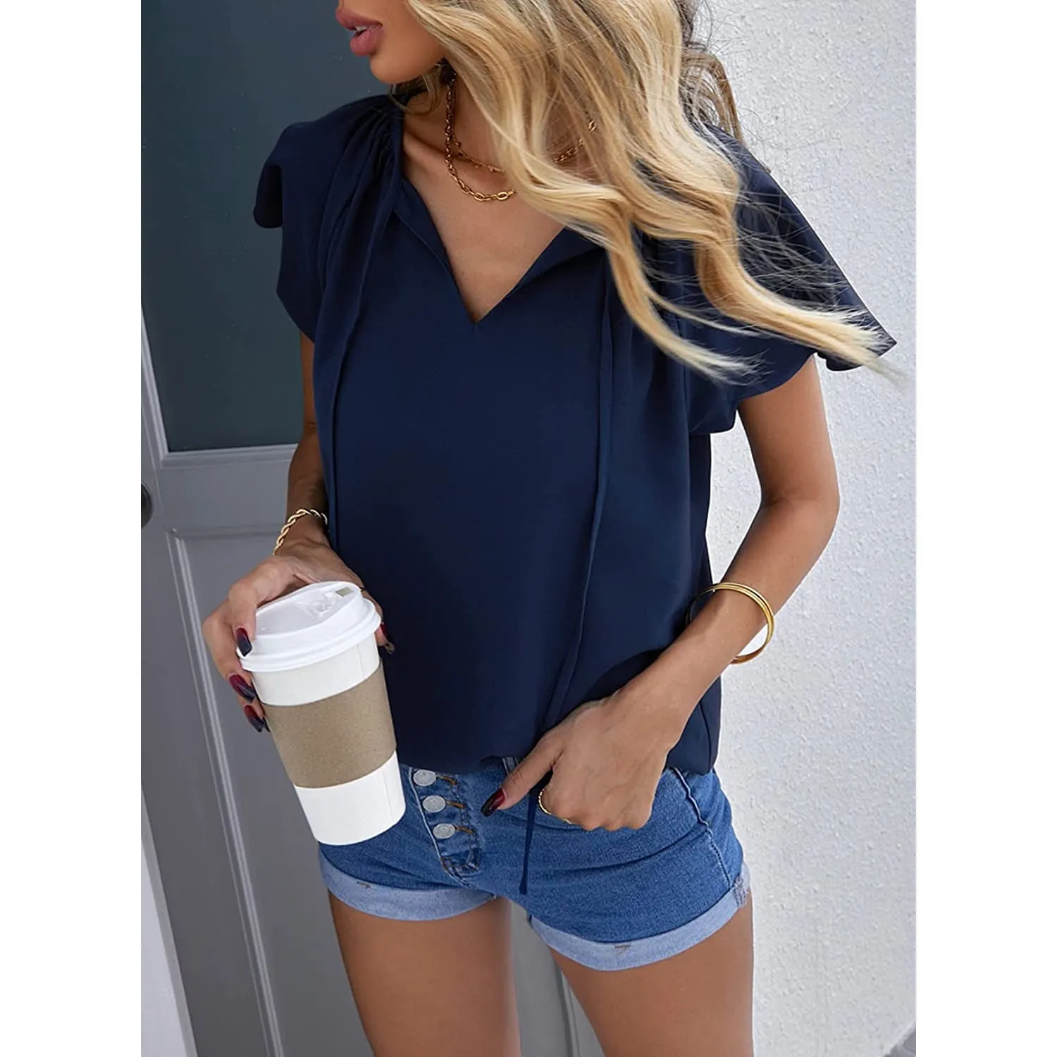 Women's Casual Boho V Neck Tops Drawstring T Shirt