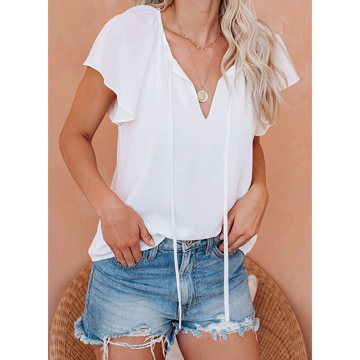 Women's Casual Boho V Neck Tops Drawstring T Shirt