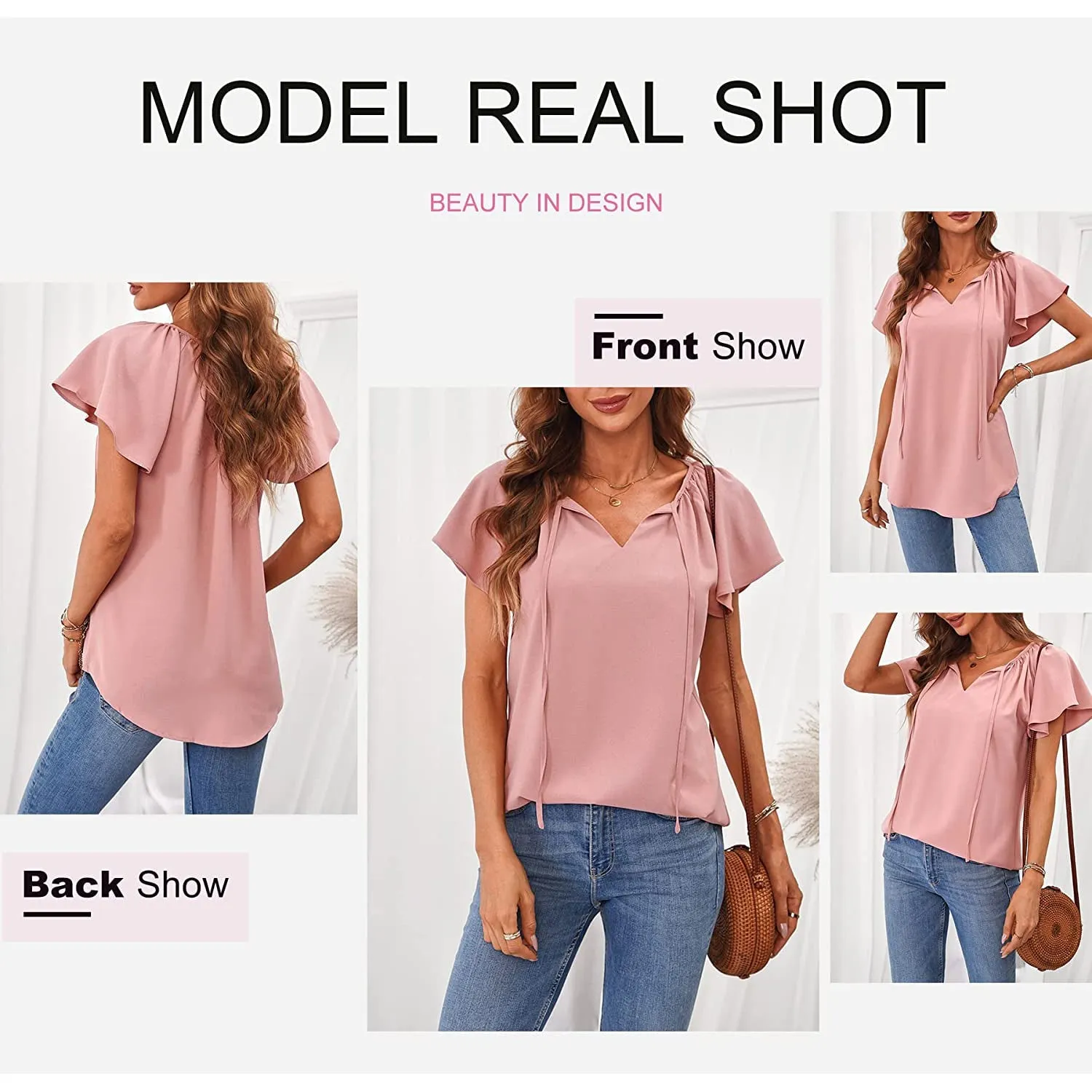 Women's Casual Boho V Neck Tops Drawstring T Shirt