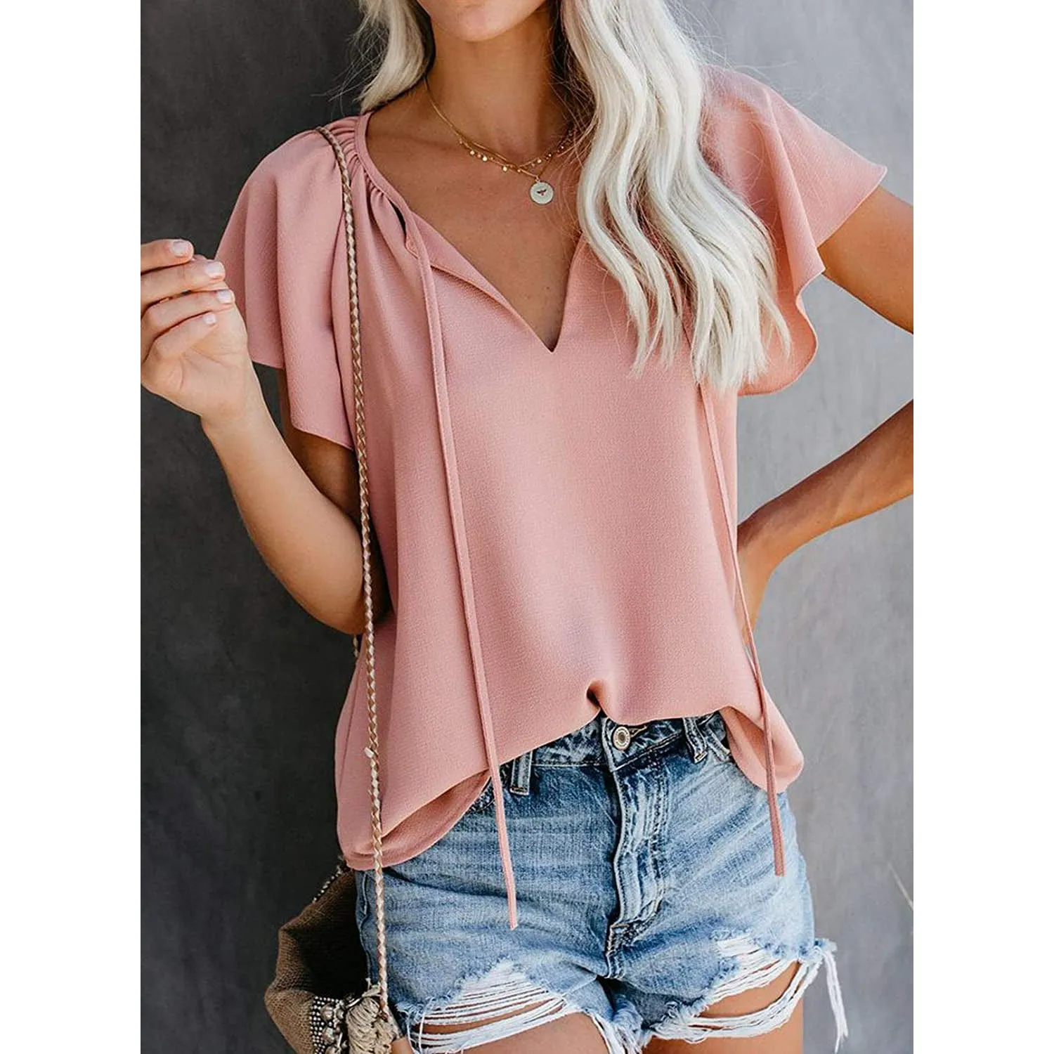 Women's Casual Boho V Neck Tops Drawstring T Shirt