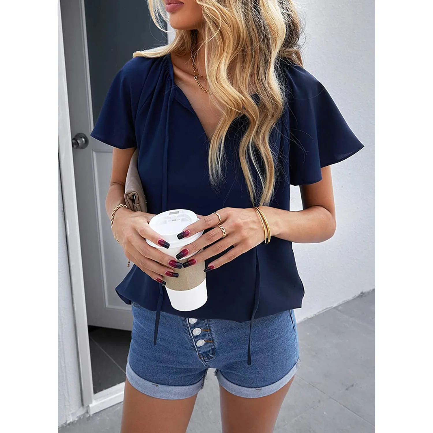 Women's Casual Boho V Neck Tops Drawstring T Shirt