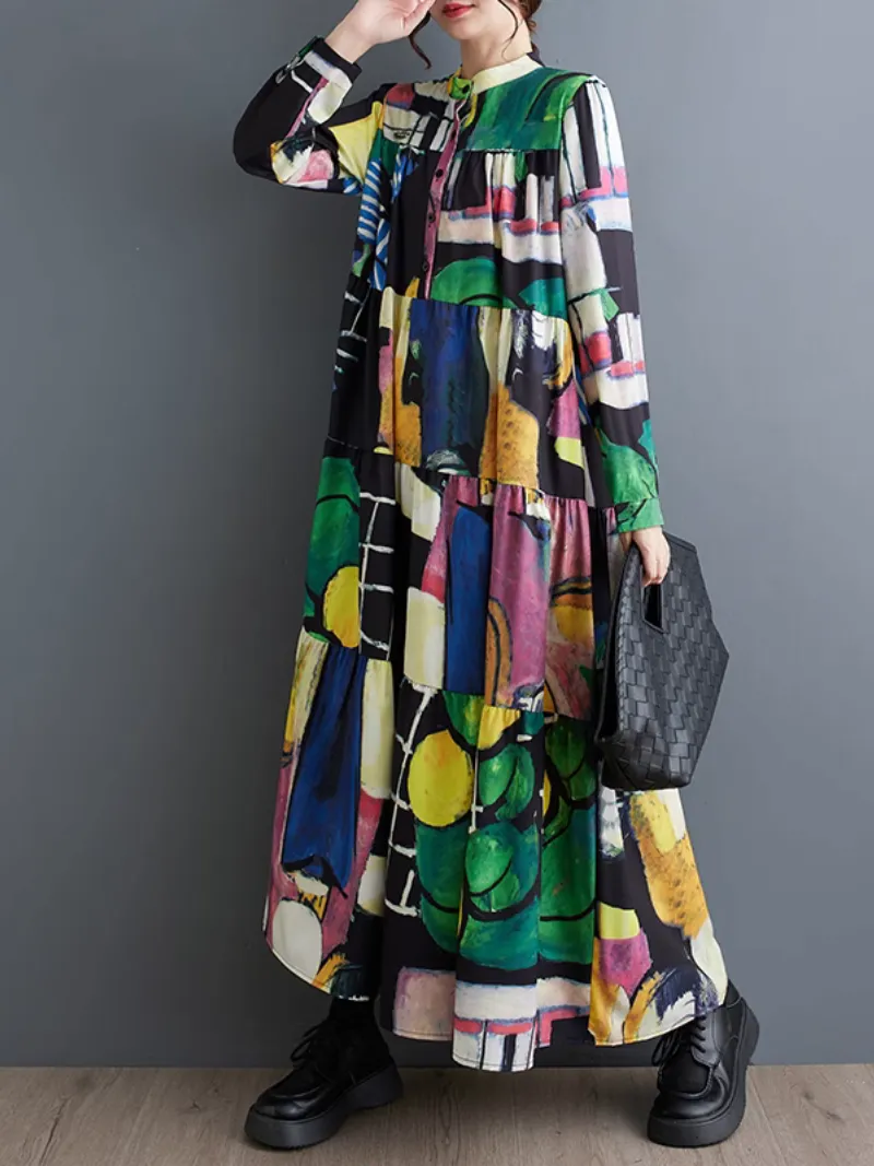 Women's Colorful Loose Large Size Print Mid-Length A-Line Dress