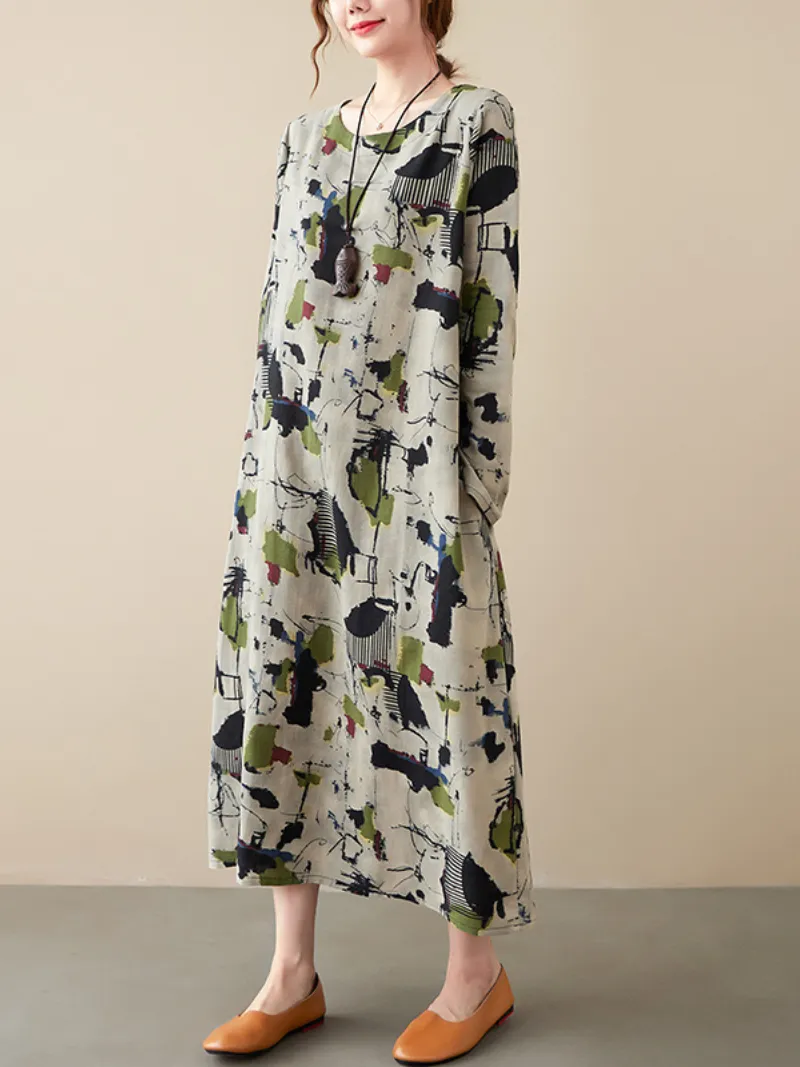 women's cotton and long-sleeved pring and summer with broken flowers A-line dress