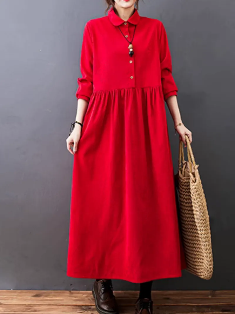 Women's Over-the-Knee Warm Button-Up A-Line Dress