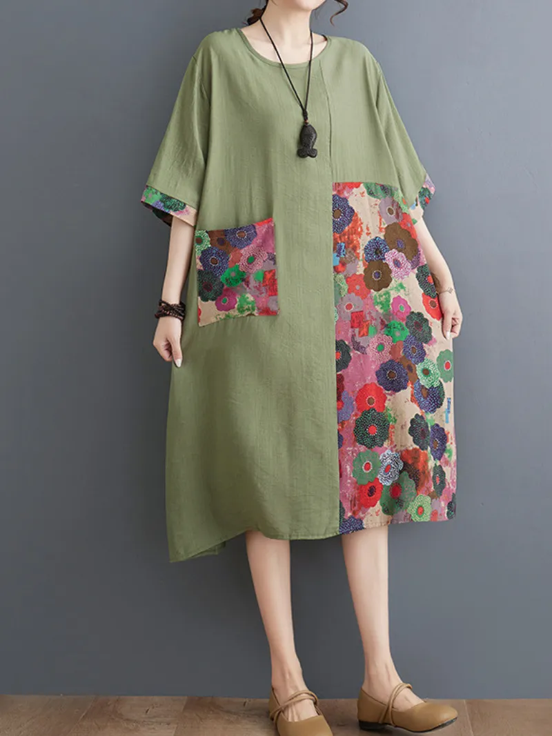 Women's Relaxed Fit Summer Printed Front Pockets A-Line Dress