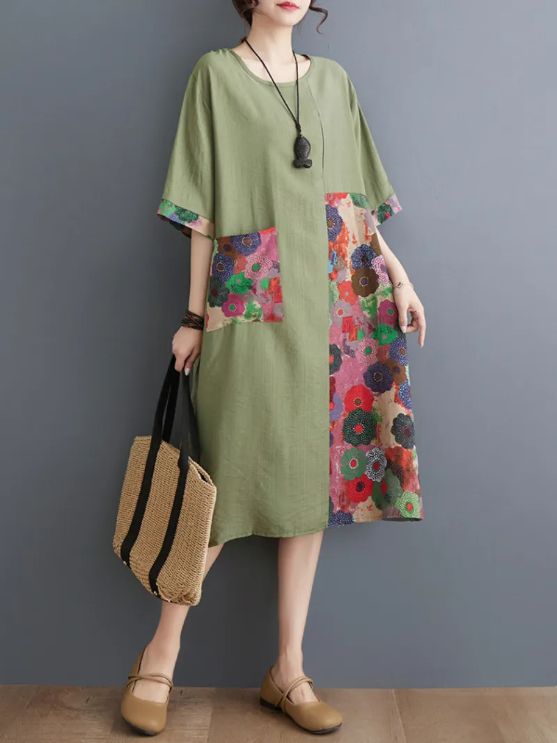 Women's Relaxed Fit Summer Printed Front Pockets A-Line Dress