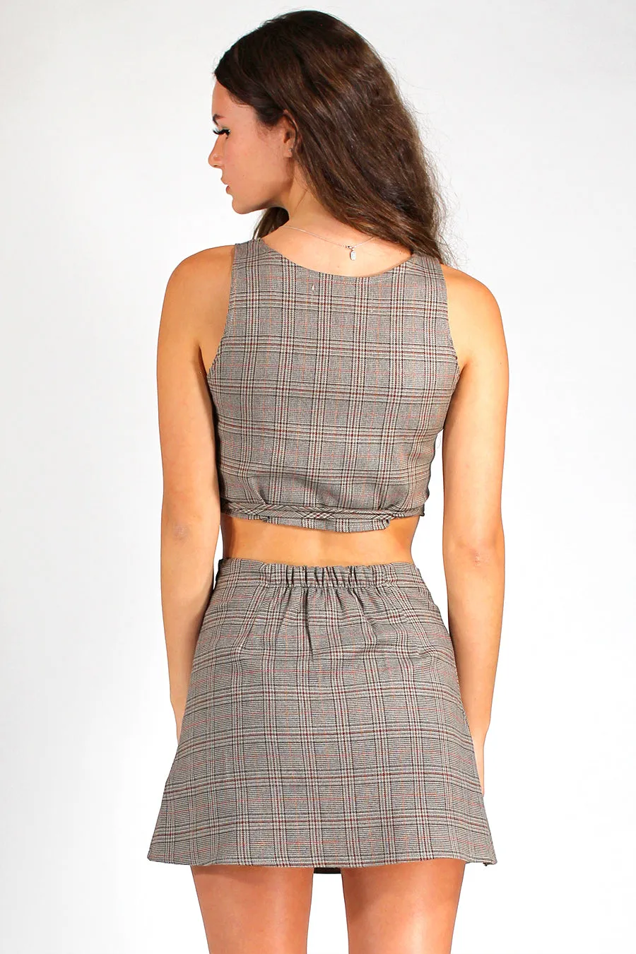 Wrap Crop Top and Skirt - Beige Plaid